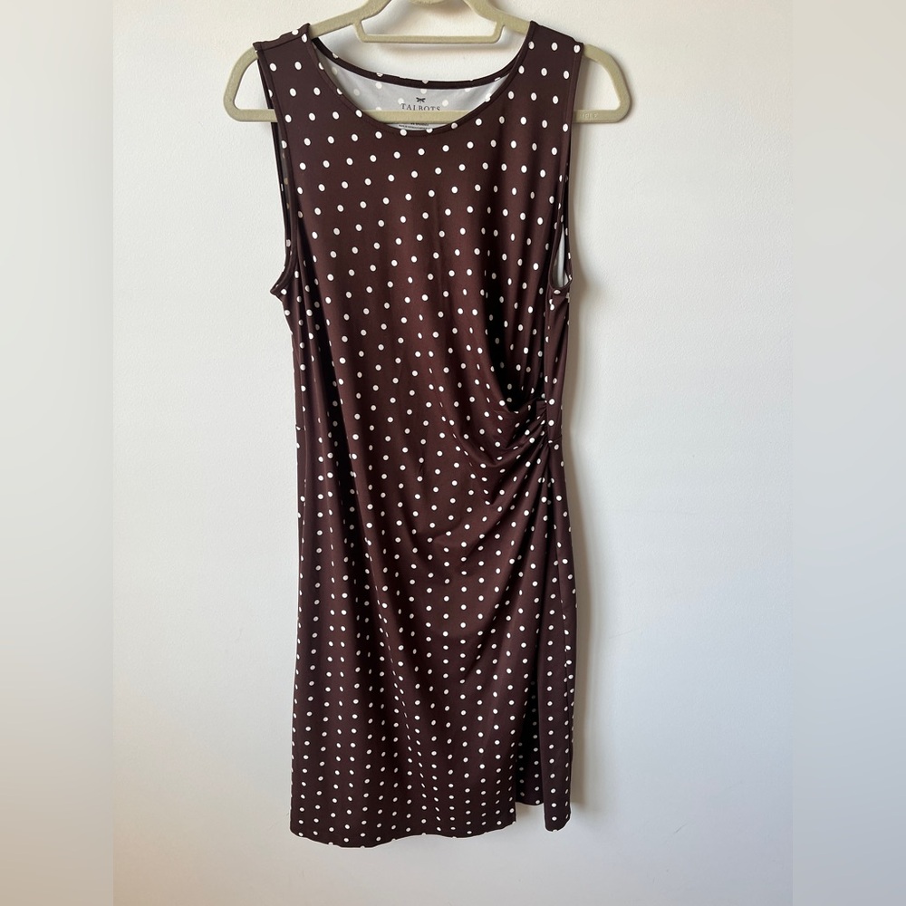 Talbots Brown White Polka Dot Sleeveless Ruched Dress Size L